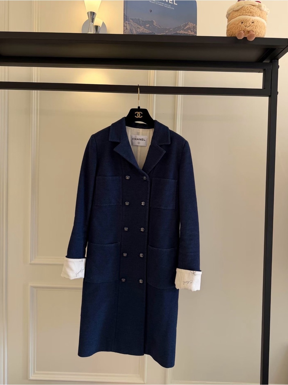 CHANEL Navy Double-Breasted Wool Trench Coat